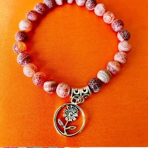 Natural Stone Strand Stretchable Bead Bracelet With  Flower Charm